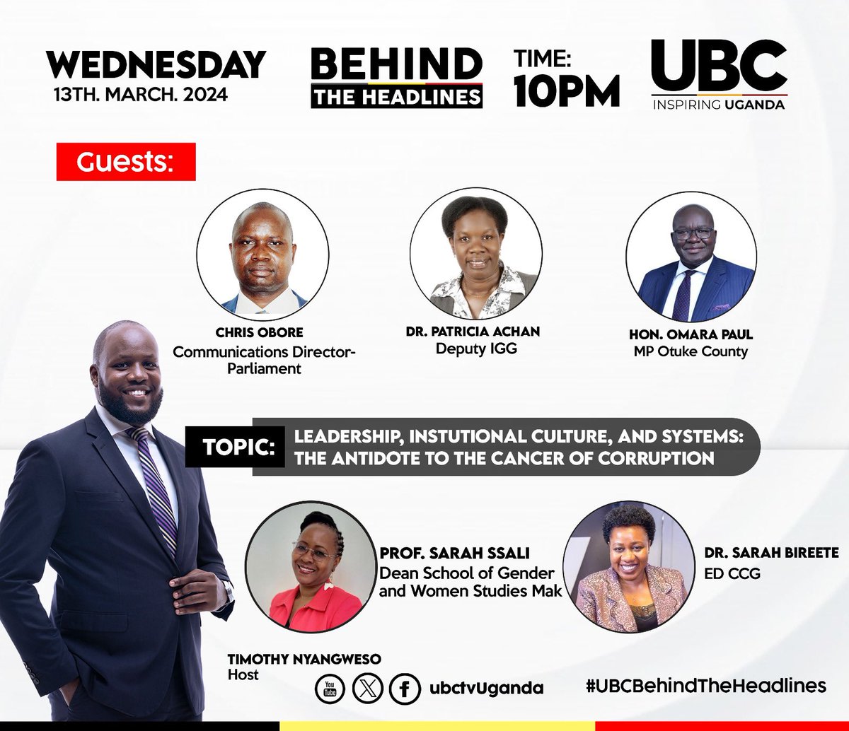 Tonight on @ubctvuganda at 10pm. Does Parliament as an institution still represent the people of Uganda? Your panel tonight @PaulOmara19 @ChrisObore1 @SarahBireete @SsaliSarah and @DrOkiria #UBCBehindTheHeadlines