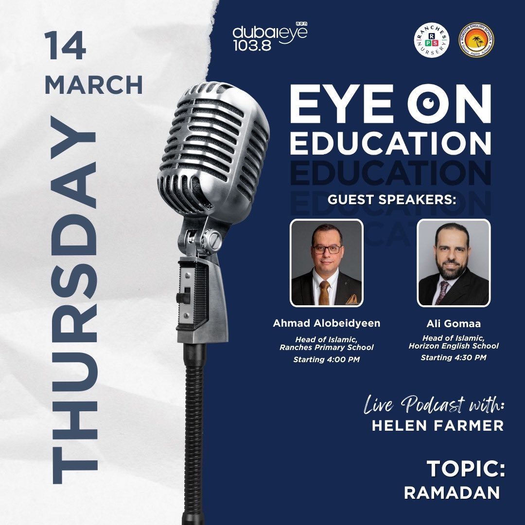 📻 Tune in to hear from our Head of Islamic Studies, Mr Ali Gomaa, on @dubaieye1038fm with @_helenfarmer_ this Thursday afternoon from 4pm. #EyeOnEducation #RamadanSpecial #CulturalDiversity #EducationInDubai #HappyHorizon #HappySchoolUAE #HorizonCommunity #CognitaWay