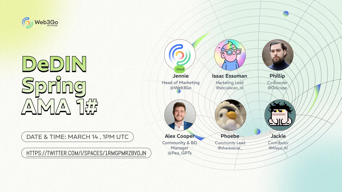 🚀 Get ready for some Data and AI fun at the DeDIN Spring AMA hosted by @Web3Go on 3/14! 💡 Meet the cool guests: @jenniekusu @socialscan_io @0xSentry @Pea_GPTs @Alaya_AI @shareverse_ 🌟 Don't miss out on the Galxe Campaign for a chance to win Chip WL rewards!…