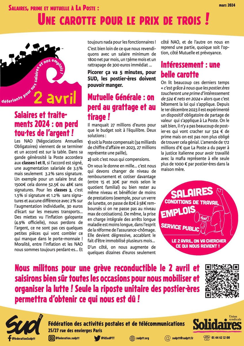 🟡 Salaires, mutuelle, intéressement à La Poste : le 2 avril on va chercher ce qui nous est dû !