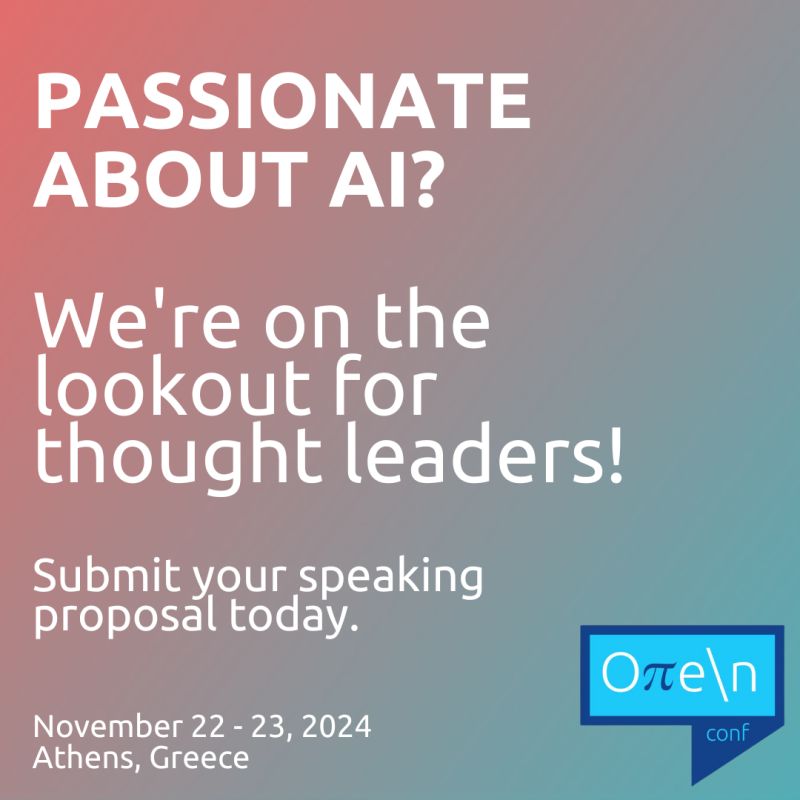 Are you an #AI expert? If you’re passionate about artificial intelligence and want to share your insights on #GenerativeAI #EthicalAI #AIandPrivacy, then we are looking for YOU!

Apply till March 29, 2024 here: sessionize.com/open-conf-2024