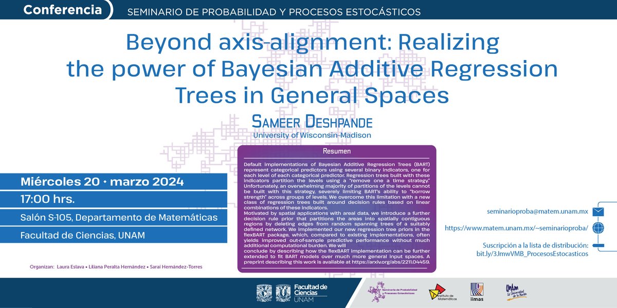 IIMAS_UNAM's tweet photo. 🎓 Sumérgete en el fascinante mundo de los Árboles de Regresión Aditiva #Bayesianos en nuestro #Seminario de Probabilidad y Procesos Estocásticos. 🗓️ 20 de marzo, ⏰ 17:00 hrs. 📍 Salón S-105, Departamento de Matemáticas, @fciencias
¡Te esperamos! #IIMAS https://t.co/oPXFjWUWni