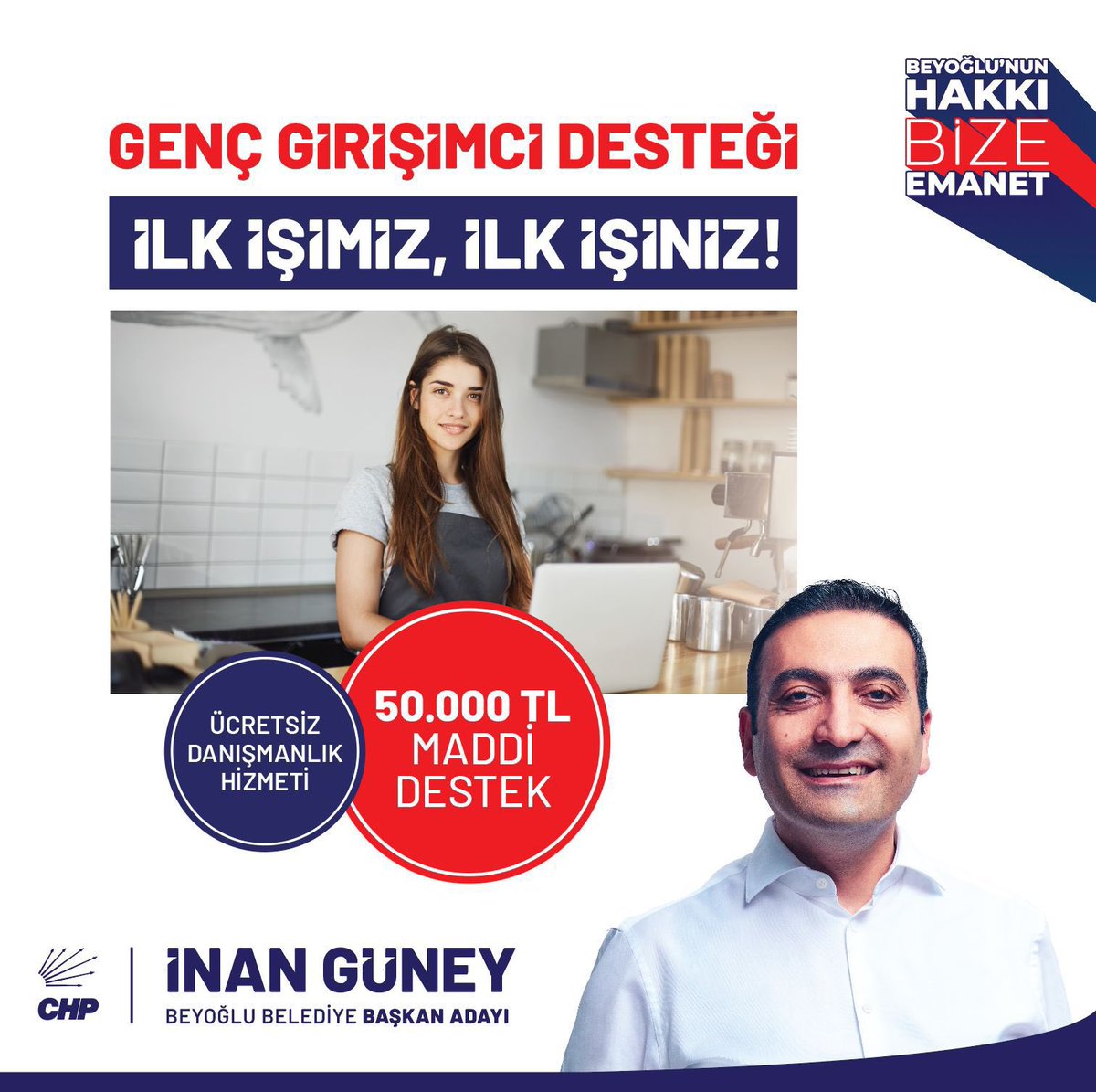 İlk iş, ilk heyecan!
Beyoğlulu gençlerimiz, hayallerinin peşinden giderken yalnız olmayacaklar. İlk İşim Destek Paketiyle, gençlerimizi girişimciliğe teşvik edeceğiz.

📌 Beyoğlu’nda 18-29 yaş arasındaki ihtiyaç sahibi ve girişimci gençlerimize, ilk işlerini kurmalarında destek