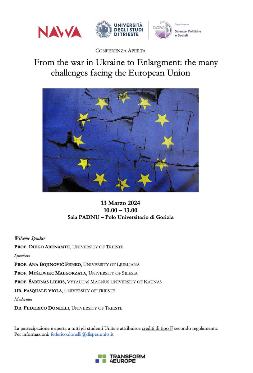 📌Join us at @UniTrieste for the conference 'From #War in #Ukraine to Enlargement,' organized by the #NAWA project, a @T4EU_university spin-off. Dive into pressing #EU challenges: Ukraine war's impact, enlargement prospects, EU's global role, and more. #StrongerTogether!