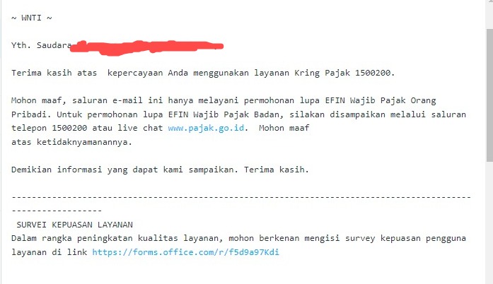 eeyyjo's tweet photo. kemaren coba mengajukan Via Email, tapi katanya tidak bisa, itu untuk WP OP saja, untuk WP Badan harus via telp atau via livechat, jadi jika melakukan permintaan Efin Via telp apakah harus direktur? Atau bisa diwakilkan? Terima kasih. @kring_pajak https://t.co/6kNzCzdu52