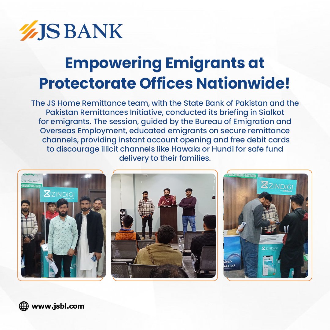 Collaborating with @StateBank_Pak, the Pakistan Remittances Initiative, and the Bureau of Emigration And Overseas Employment, the JS Home Remittance team hosted its briefing session in Sialkot. #JSBank #BarhnaHaiAagey #JSHomeRemittance #SBP @OfficialZindigi