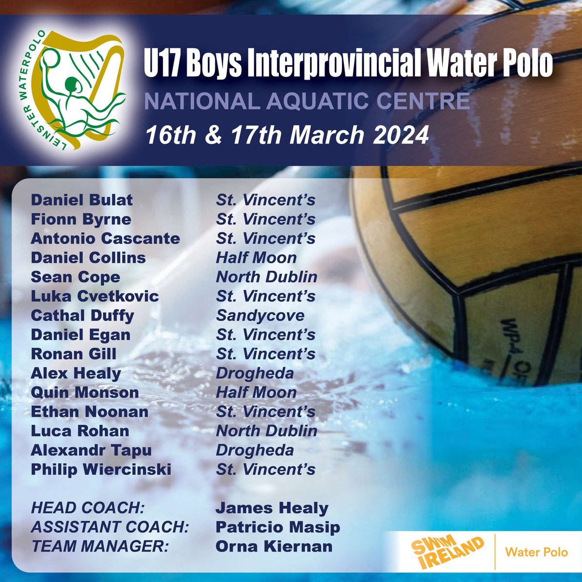HalfMoonSWPC's tweet image. We’re proud to see the Leinster squads for the junior InterPros this weekend, with 17 Half Moon players reping Leinster across 4 squads. Well done to all Half Mooners who made the squads and best of luck in the matches this weekend. Full match schedule at irelandwaterpolo.ie/fixtures/#