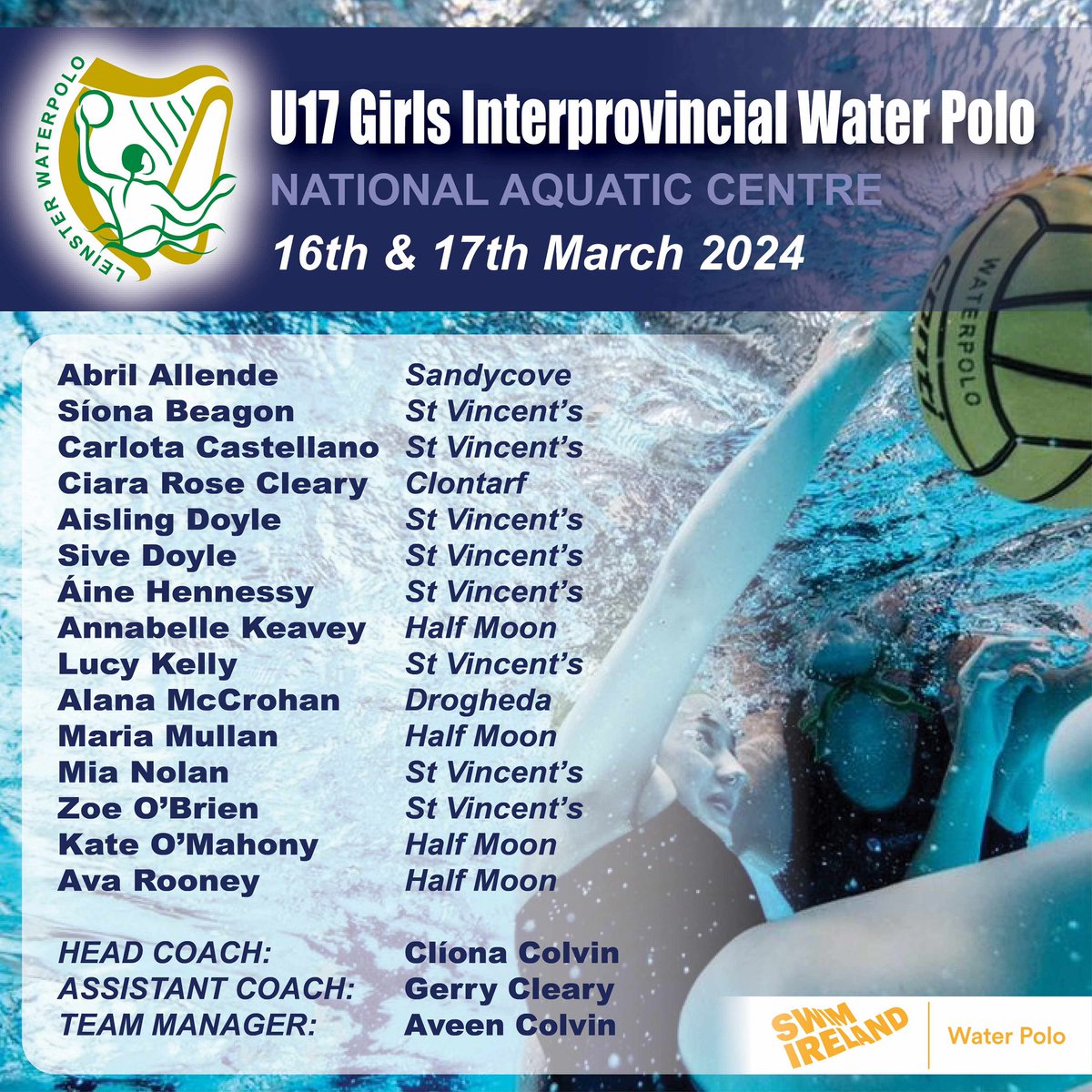 HalfMoonSWPC's tweet image. We’re proud to see the Leinster squads for the junior InterPros this weekend, with 17 Half Moon players reping Leinster across 4 squads. Well done to all Half Mooners who made the squads and best of luck in the matches this weekend. Full match schedule at irelandwaterpolo.ie/fixtures/#