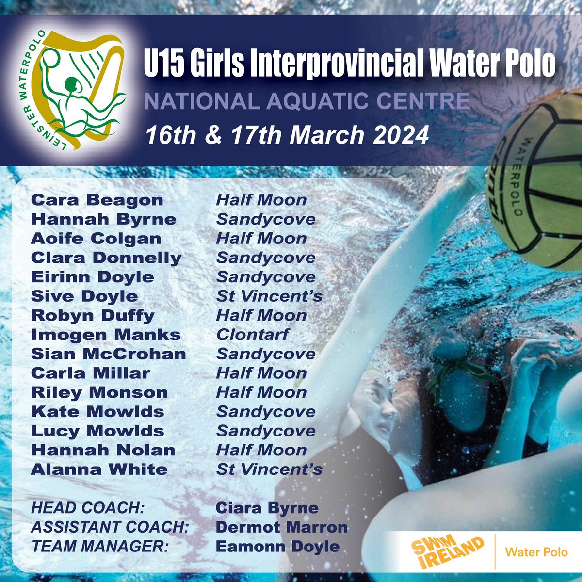 HalfMoonSWPC's tweet image. We’re proud to see the Leinster squads for the junior InterPros this weekend, with 17 Half Moon players reping Leinster across 4 squads. Well done to all Half Mooners who made the squads and best of luck in the matches this weekend. Full match schedule at irelandwaterpolo.ie/fixtures/#