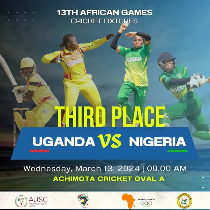 African Games:

Cricket Bronze Medal Match: Uganda 🇺🇬 v Nigeria 🇳🇬 (Women)

#LetsGoVictoriaPearls
@AfrHockey 
@CricketUganda