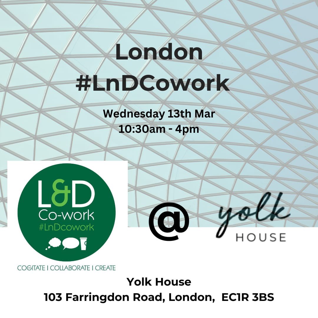 Good morning, we have London #LnDcowork happening today. 

10.30am - 4pm in Farringdon. 

Your cohosts at Gaëlle Watson &amp; me 🤗

Stay an hour or so or join us for the day. 

Perhaps see you there!