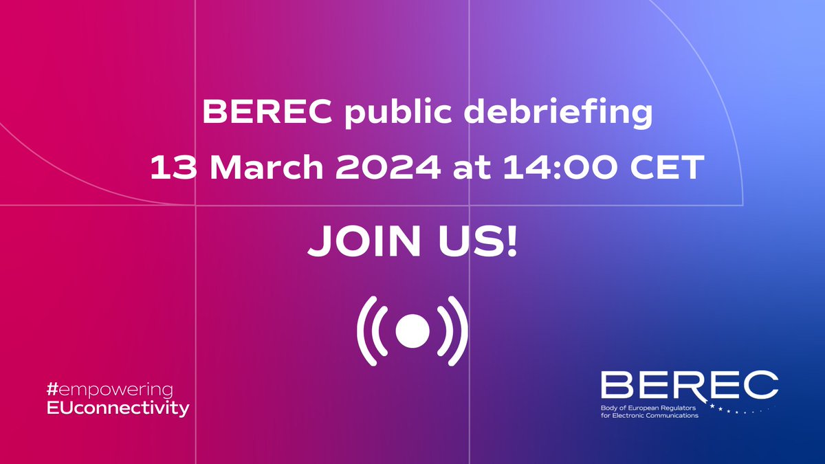 📢 Today at 14:00 CET, join us online for the latest info on the work results of BEREC. The link to the livestream will be available on our website shortly before the start. Discover the agenda - berec.europa.eu/en/events/bere…
#BERECpublic #empoweringEUconnectivity