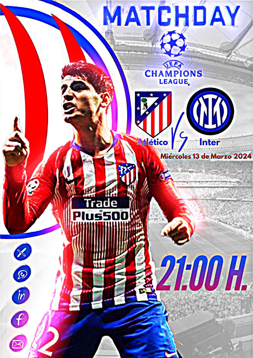 𝘿𝙄𝘼 𝘿𝙀 𝙋𝘼𝙍𝙏𝙄𝘿𝙊 ⚽

🗓 Champions League  @UEFAcom 
🆚 @Inter_es 
🏟 @Metropolitano      
⌚️ 21:00 H.

🔴⚪️Vamos @Atleti 🔴⚪️
 #AupaAtleti  #NuncaDejesDeCreer #UniónEsAfición #AtleticoInter