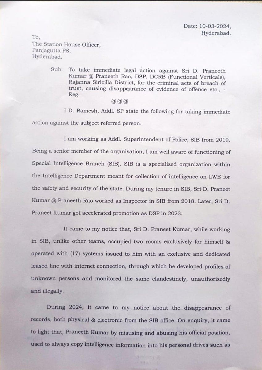 jsuryareddy's tweet image. Three days after a Criminal case was registered against Spymaster, Suspended former Special Intelligence Bureau (SIB) DSP, Praneeth Rao was taken into custody by Panjagutta police, from his residence in Rajanna Sircilla dist last night.

#PraneethRao #Telangana #IntelligenceData