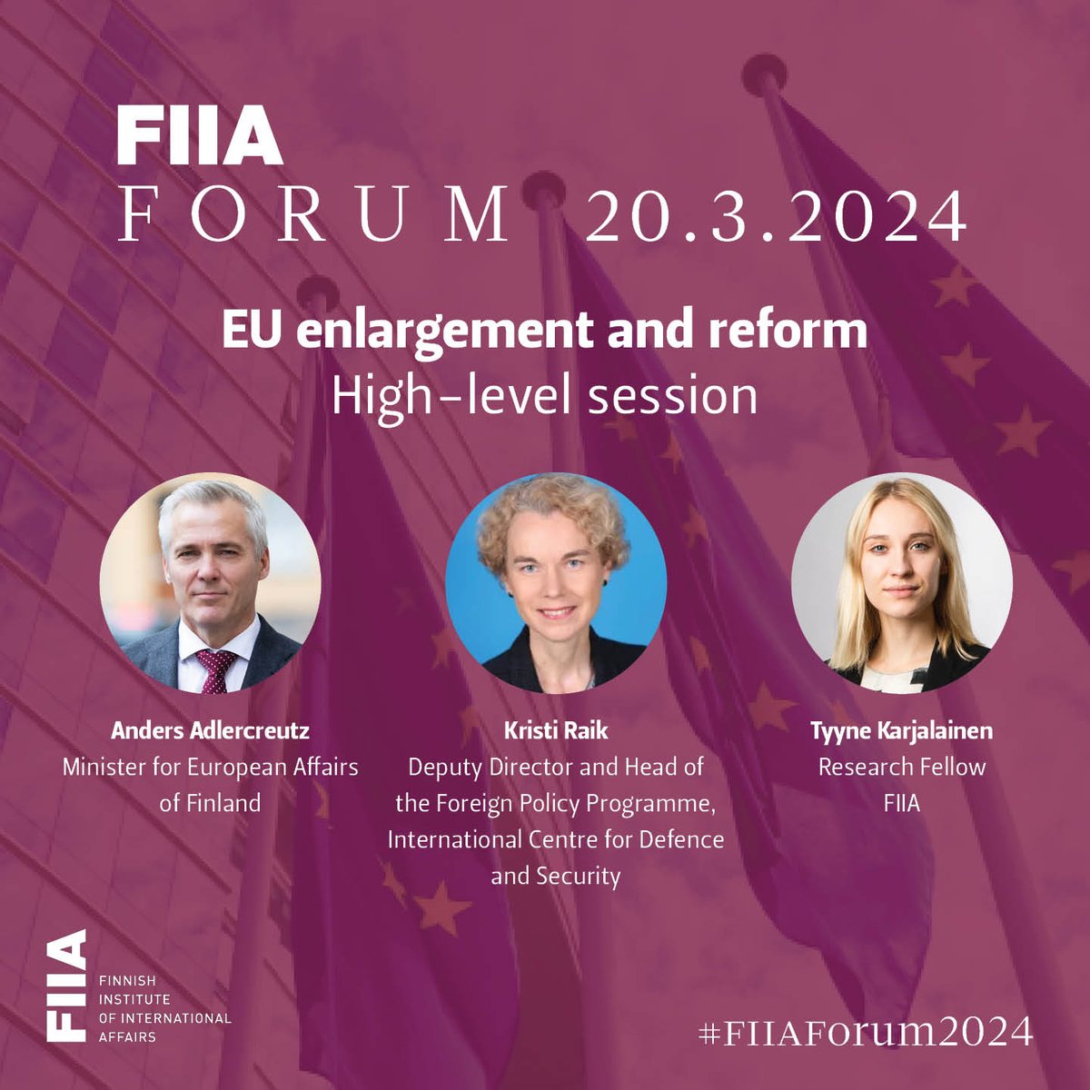 One week to go until #FIIAForum2024: The European Union in a year of change! ⌛️ In the final session, @TyyneKarjalain will discuss #EUenlargement and reform with 🇫🇮 Minister for European Affairs @adleande and @ICDS_Tallinn Deputy Director @KristiRaik. 🔗 fiia.fi/en/event/fiia-…