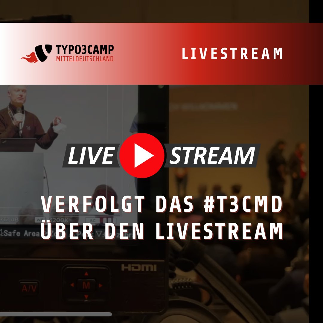 Das #T3CMD steht vor der Tür. 🤩 Ihr könnt in diesen Jahr leider nicht dabei sein? Dann verfolgt das Camp über unseren #Livestream. 😉 Die #Übertragung findet ihr auf unserem #Youtube Kanal 👉🏼 youtube.com/@t3cmd/streams 📹 #TYPO3