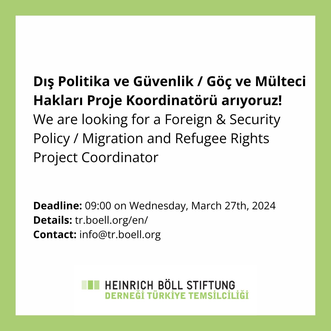 We are looking for a dynamic and experienced Project Coordinator to manage and coordinate our Foreign and Security Programme with a specific focus on migration and refugee rights for our office in Istanbul (full-time position)➡ tr.boell.org/en/2024/03/12/…