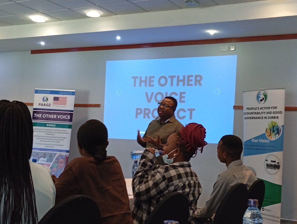 WriteThatPain's tweet photo. Incoming: 
@PAAGZ1 Executive Director @sircolour giving opening remarks for the 3 day #TheOtherVoiceProject training supported by the @usembassyzambia https://t.co/3nhF78hmiC