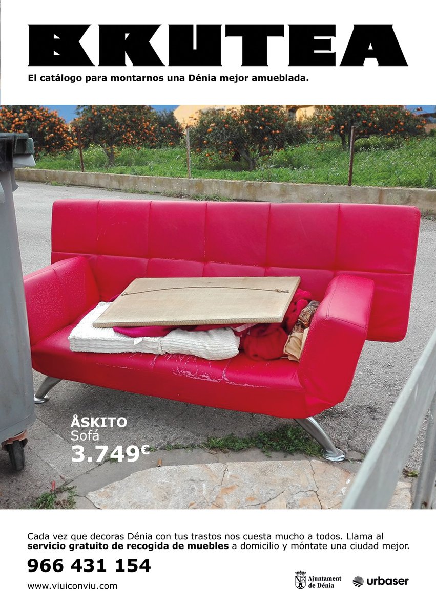 alfredsapristi's tweet photo. En Dénia hay gente que cuando decora su casa, redecora las calles.  Así que lanzamos el catálogo Brutea (suciedad) con fotos reales tomadas por el personal de limpieza, a ver si llamamos al servicio gratuito de recogida de muebles y dejamos de hacernos los suecos. https://t.co/zdwrueiOne