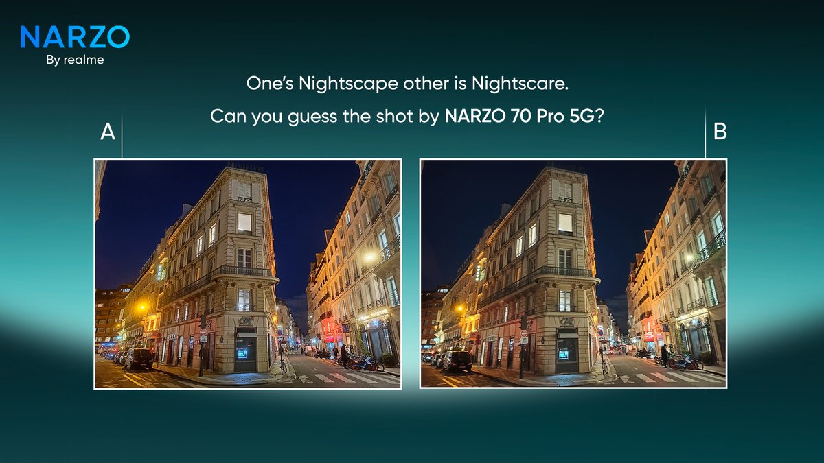 #ContestAlert 🚨 Spot the standout photo that was captured effortlessly in the dark and you might win* NARZO 70 Pro 5G! Simply: 1. Write the correct answer (A or B) below using #NARZO70Pro5G. 2. Follow our realme NARZO page. *T&C: bit.ly/43iqT7x Know more:…