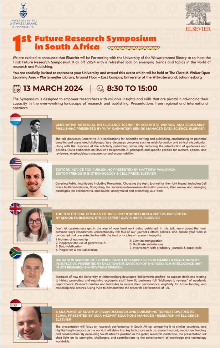 witslibrary's tweet image. Exciting news! @witslibrary, in collaboration with @ElsevierConnect, is hosting the First Future Research Symposium in South Africa. @WitsUniversity#ResearchVisibility #ScopusAI #FutureResearchSymposium #GenerativeAI #ScientificPublishing #Elsevier #WitsLibraries