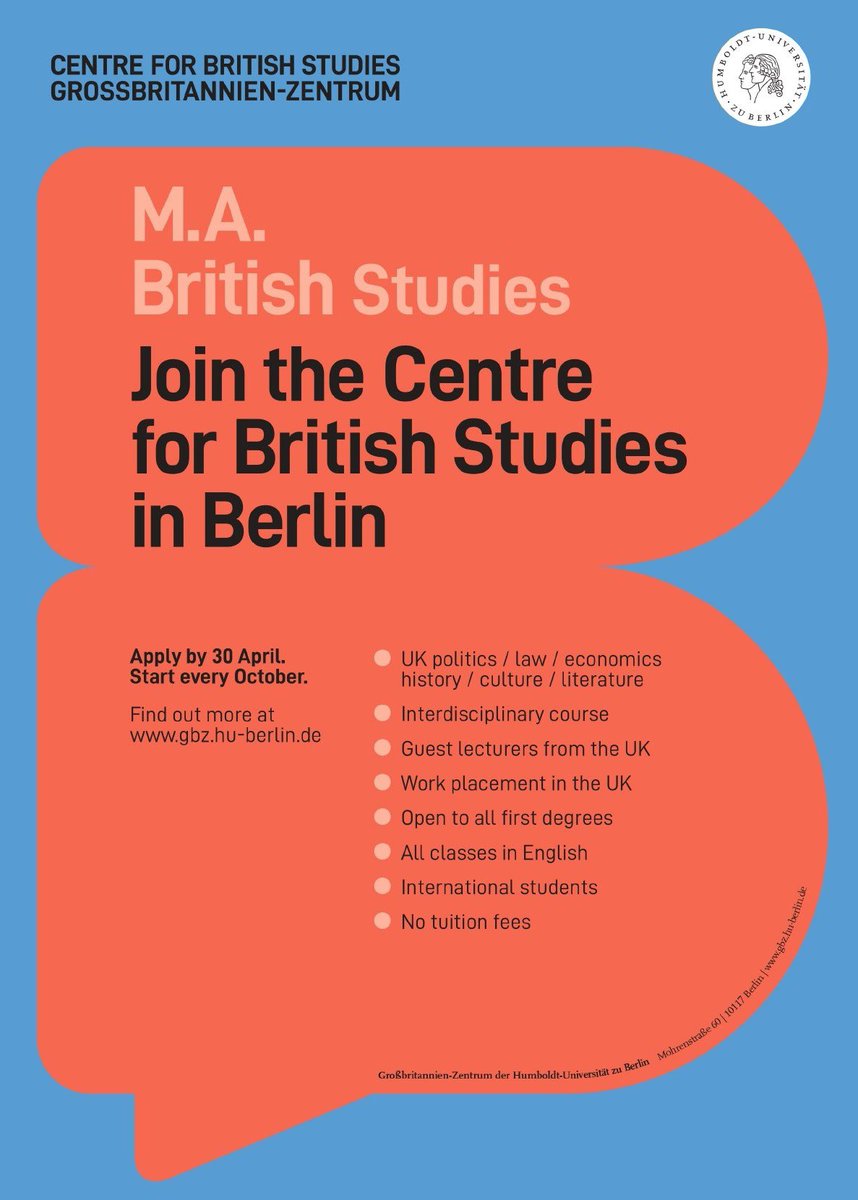 You have seven more weeks to apply for MA British Studies and join @HumboldtUni this October! Taught entirely in English, this two-year interdisciplinary programme combines law and politics, history and media, literature and culture, and includes a 3-month work placement.