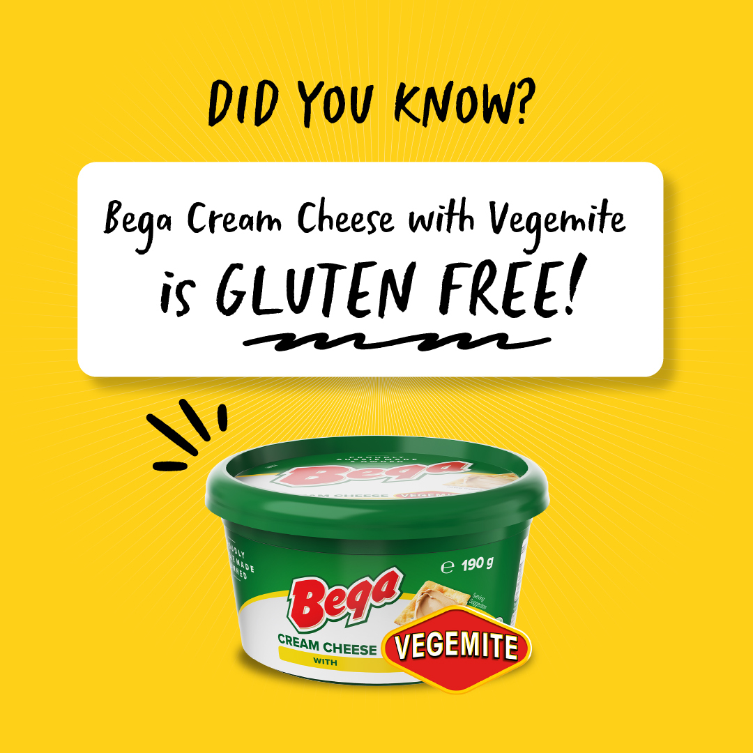 Did you know that the NEW Bega Cream Cheese with Vegemite uses our Gluten Free Vegemite? 🧀💛 Give it a try today, available now at your local Woolworths #VEGEMITE #GlutenFree #CoeliacAwarenessWeek