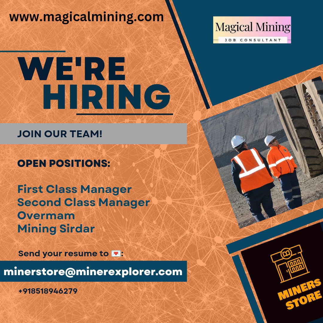 We Are Hiring ! Mining Jobs
Link- magicalmining.com
#miningengineering 
#miningengineers 
#overman #miningsirdarvacancy 
#foreman #secondclassmanager #firstclassmanager #miningjobsinindia #miningjobs #jobsinmining