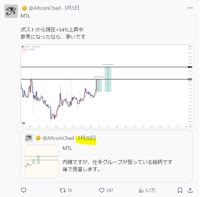 Ultimae_Crypto's tweet photo. @miyazaki3000 こんにちは、いつも参考にしていただいています！

いつも私が見ている銘柄と
目線があっていて気が合いますね

MTL CELO MBOXまで目線が同じでびっくりです
でも私より投稿が遅いですね

今後もよろしくお願いします https://t.co/KLwxqbSRiR