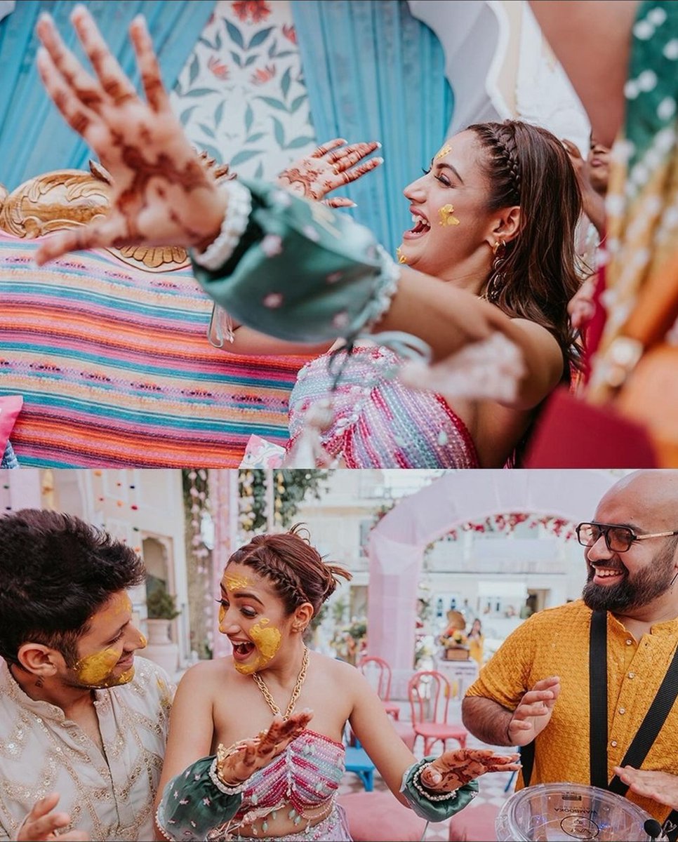 #SurbhiChandna and #KaranSharma's pics from their haldi ceremony are all heart.🫶💛
