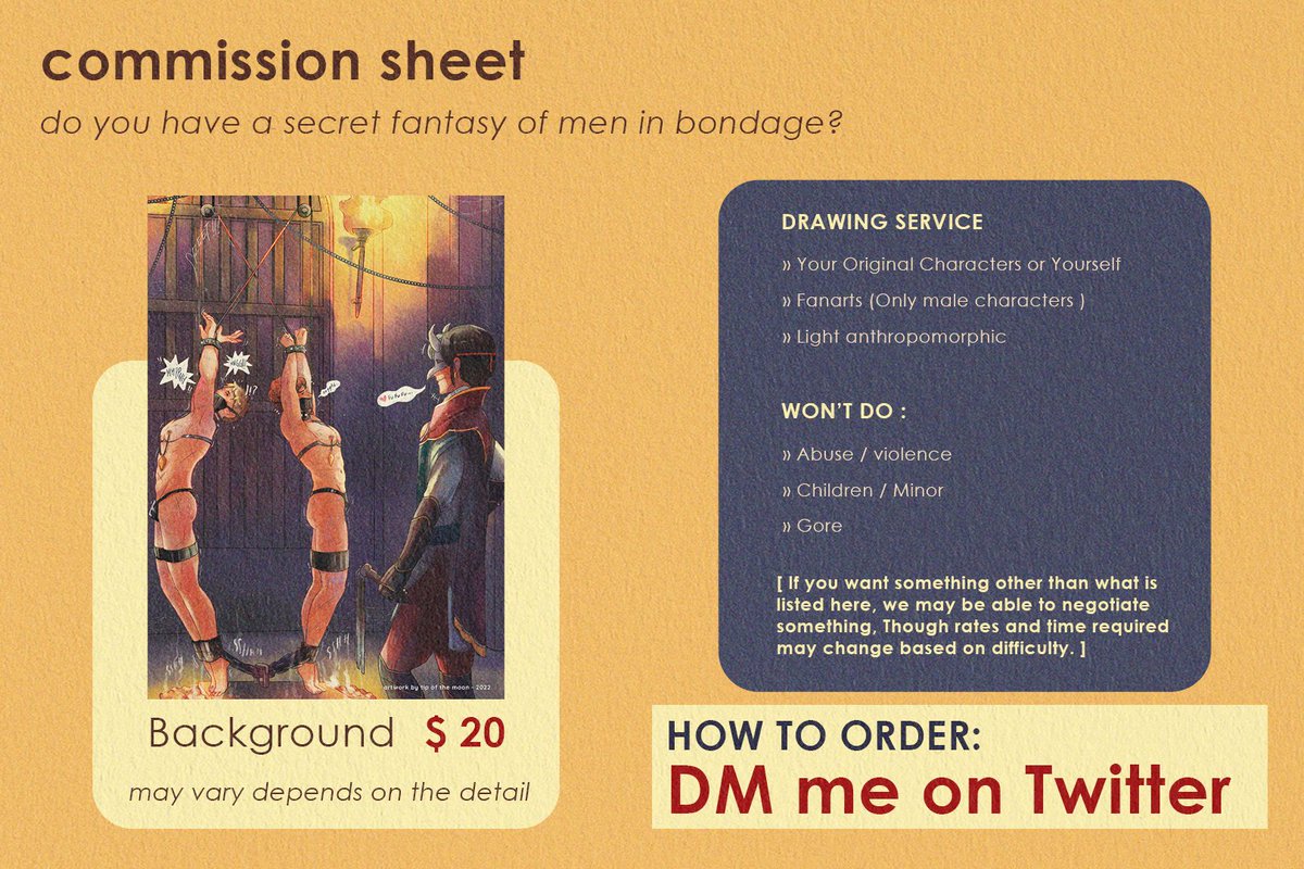 I'm opening up the men in Bondage commission <3  

You can send me a DM if you're interested.   
Thanks for the love <3  

#commissionart #commissionsopen #Commission
