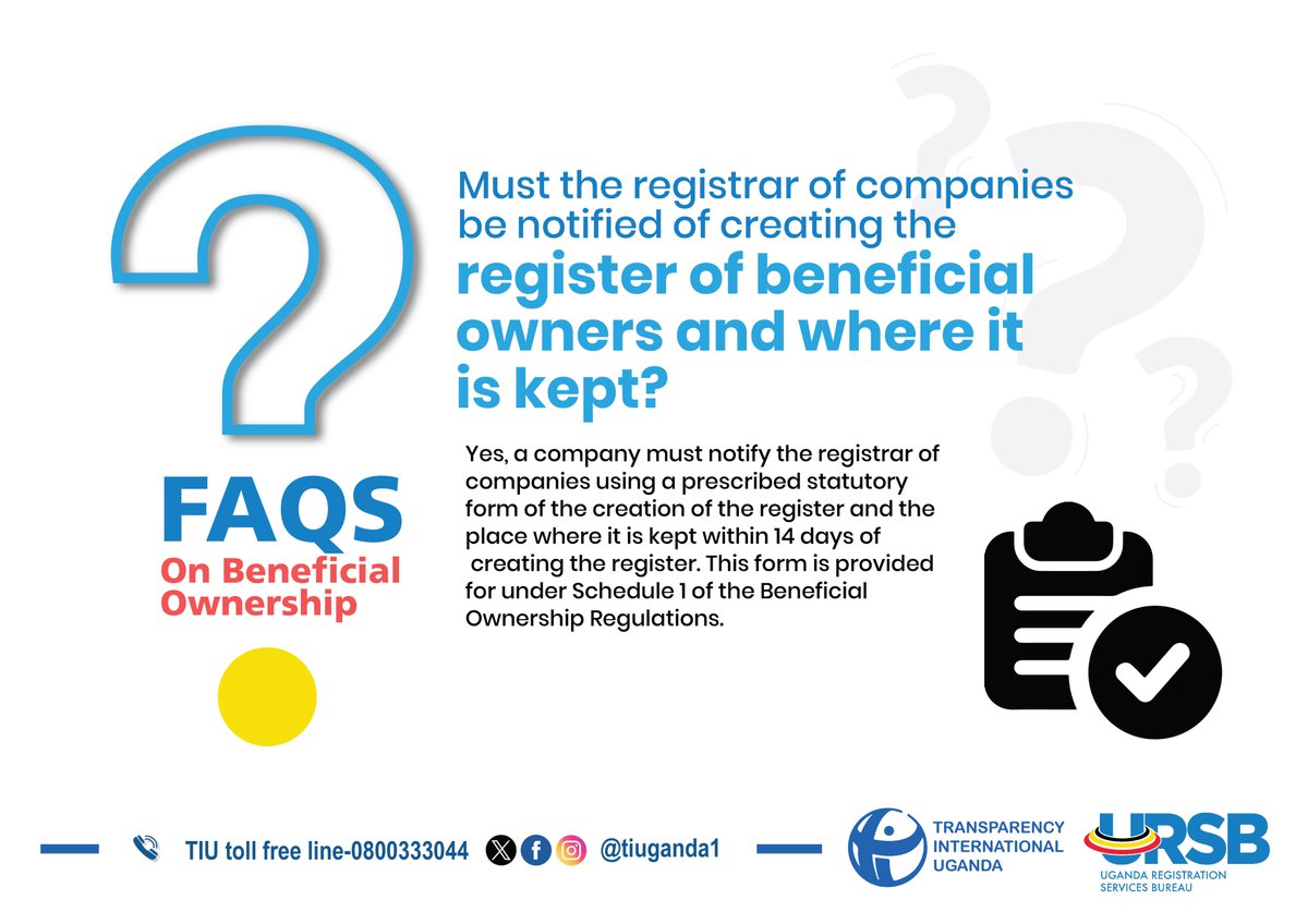 Form 1 is used to notify the Registrar of Companies/Business names that a person is a beneficial owner of a company or partnership. Kindly reach out to @URSBHQ ASAP for Further guidance in case you are a company/ partnership and have not yet registered your Beneficial Owners