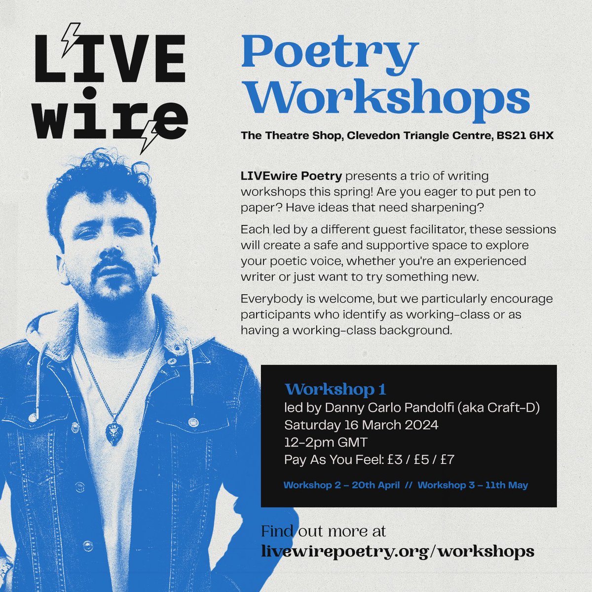 This Saturday in CLEVEDON 👉 a writing workshop at @theatreshopclevedon Come along and start writing some new work with me! OPEN TO ALL. Working-class writers are particularly welcome. Big up @livewirepoetry ⚡ Tix/info: bit.ly/4acwPBc