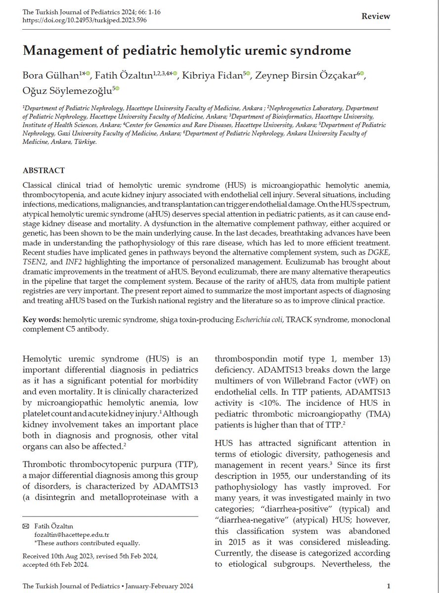 Ulusal atipik hemolitik üremik sendrom (aHÜS) kayıt sistemi çalışmaları analiz edilerek oluşturulan aHÜS tedavi rehberi Turkish Journal of Pediatrics dergisinde yayınlandı. Tüm hekimlere faydalı olmasını diliyoruz. #pediatricHUS #türkiye