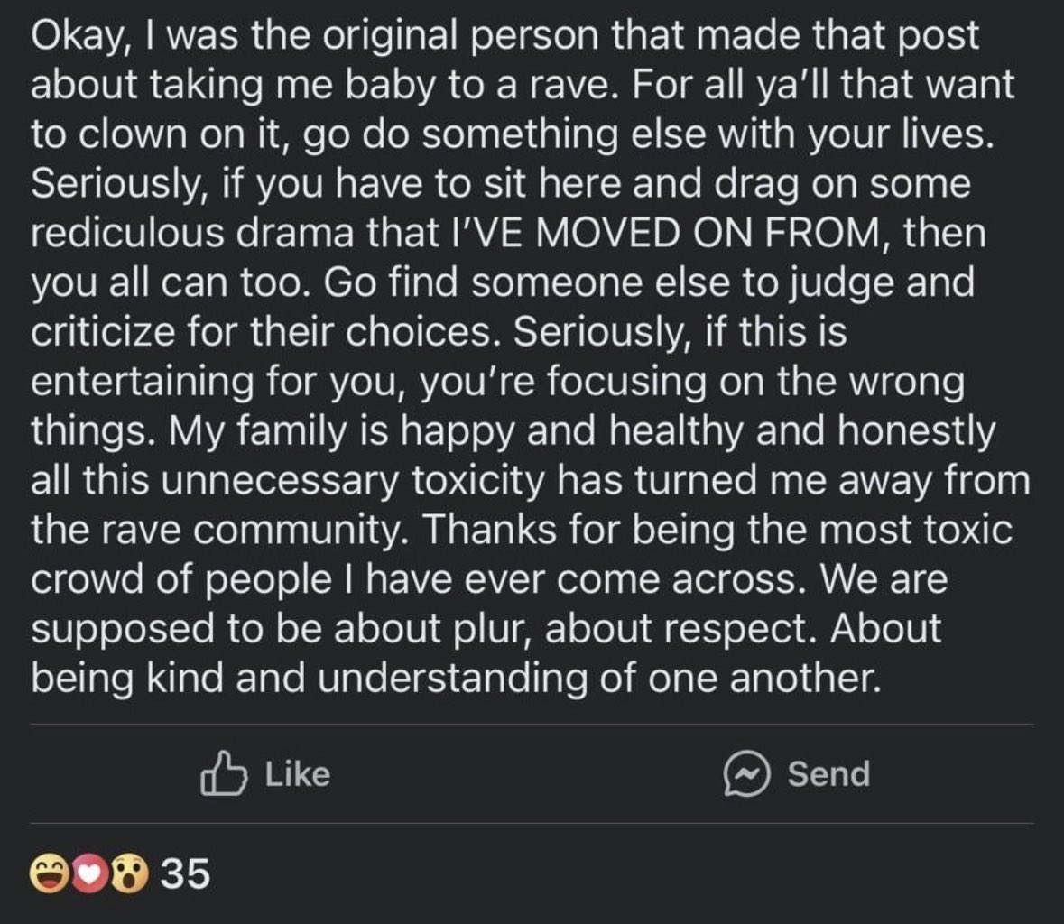 AlexisKosexy's tweet photo. toxic mom brings 10 month old to rave, then gets mad at the “toxic” edm community response https://t.co/Pc56orz2TA