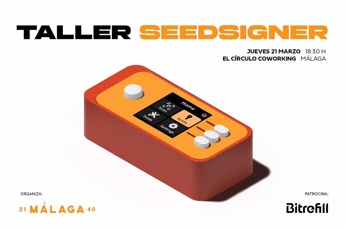 Malaga2140's tweet photo. En @2140MEETUPS nos encanta @SeedSigner 🧡
Siguiendo el ejemplo de @2140Coruna y la comunidad de Gipuzkoa, el próximo 21 de Marzo organizamos un taller para montar tu SeedSigner y navegar por sus funciones.
Te dejamos más info y enlace para reservar plaza en el siguiente tuit ⤵️ https://t.co/mXiFUi4kId