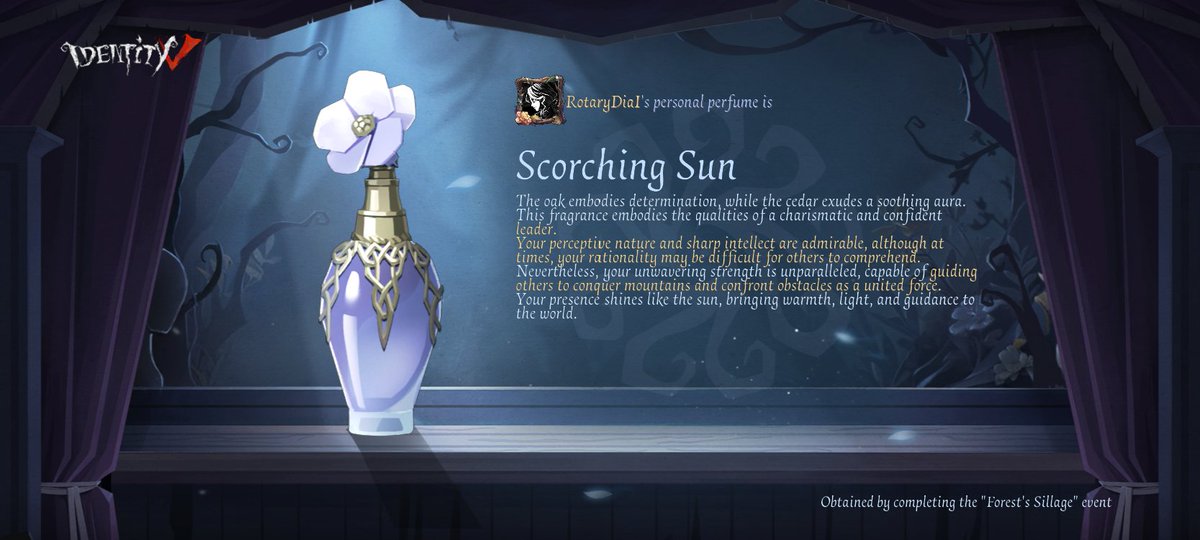 DistortedRadio's tweet photo. I created the [Scorching Sun] perfume in the "Forest's Sillage" event!#ForestSillage#IdentityV https://t.co/Uuaahjel4w