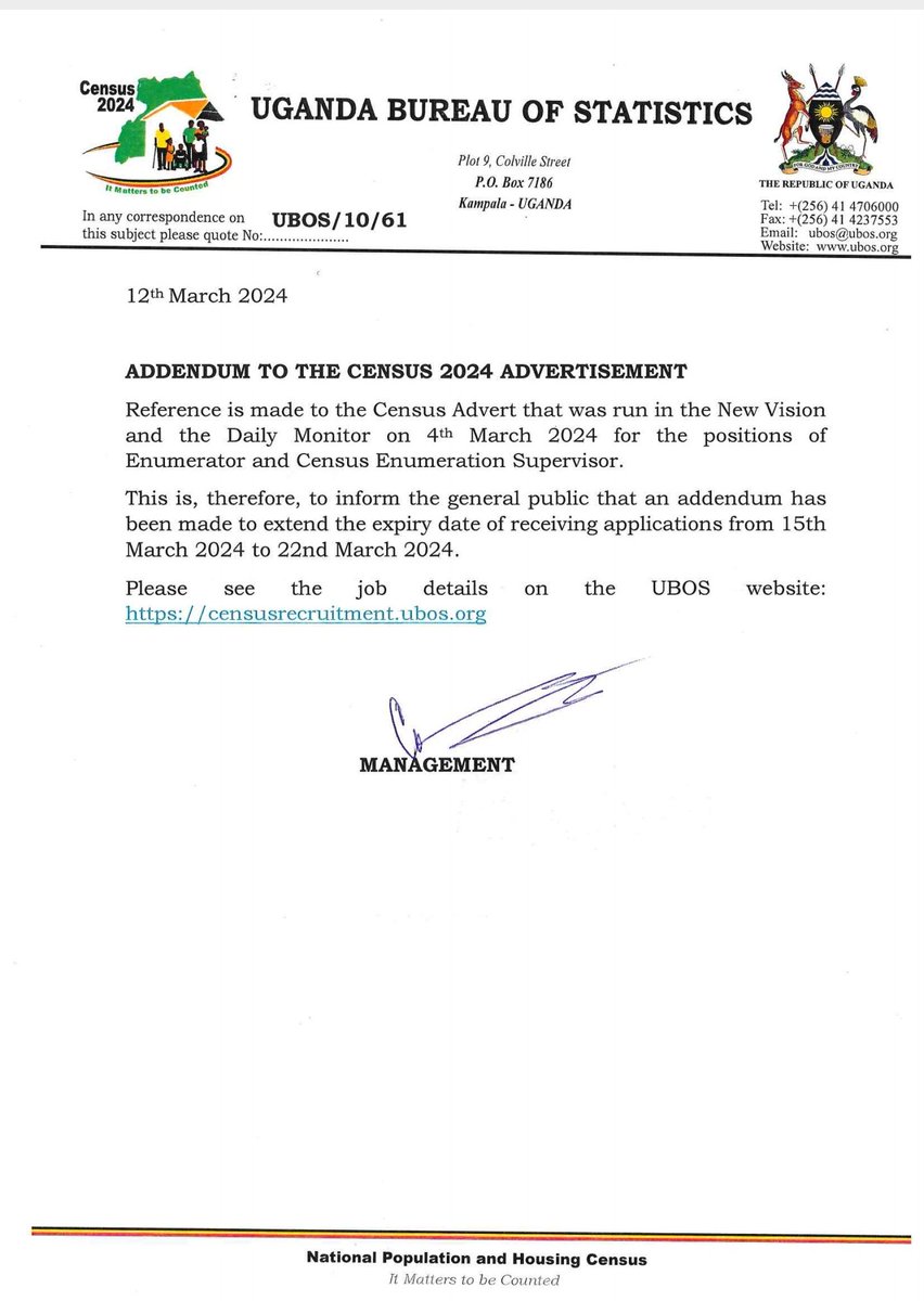 𝐔𝐏𝐃𝐀𝐓𝐄; Following the recently advertised jobs for the #UgandaCensus2024 Enumerator and Enumeration Supervisor positions, Management wishes to inform the general public that @StatisticsUg has extended the expiry date of receiving applications to the 22nd day of March…
