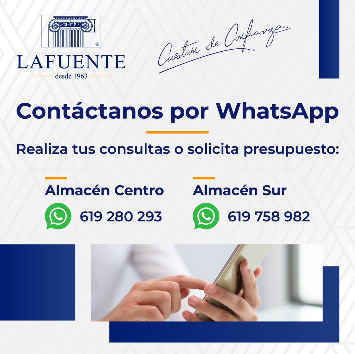 LafuenteSegovia's tweet image. ¡Buenos días!
Puedes consultarnos tus dudas o solicitar presupuesto a través de nuestros WhatsApp de empresa:

📲 Almacén Centro (Madrid): 619 280 293
📲 Almacén Sur (Leganés): 619 758 982

Cuestión de confianza 💙

#MaterialConstructivo #Reformas #ObraNueva #WhatsApp #LAFUENTE