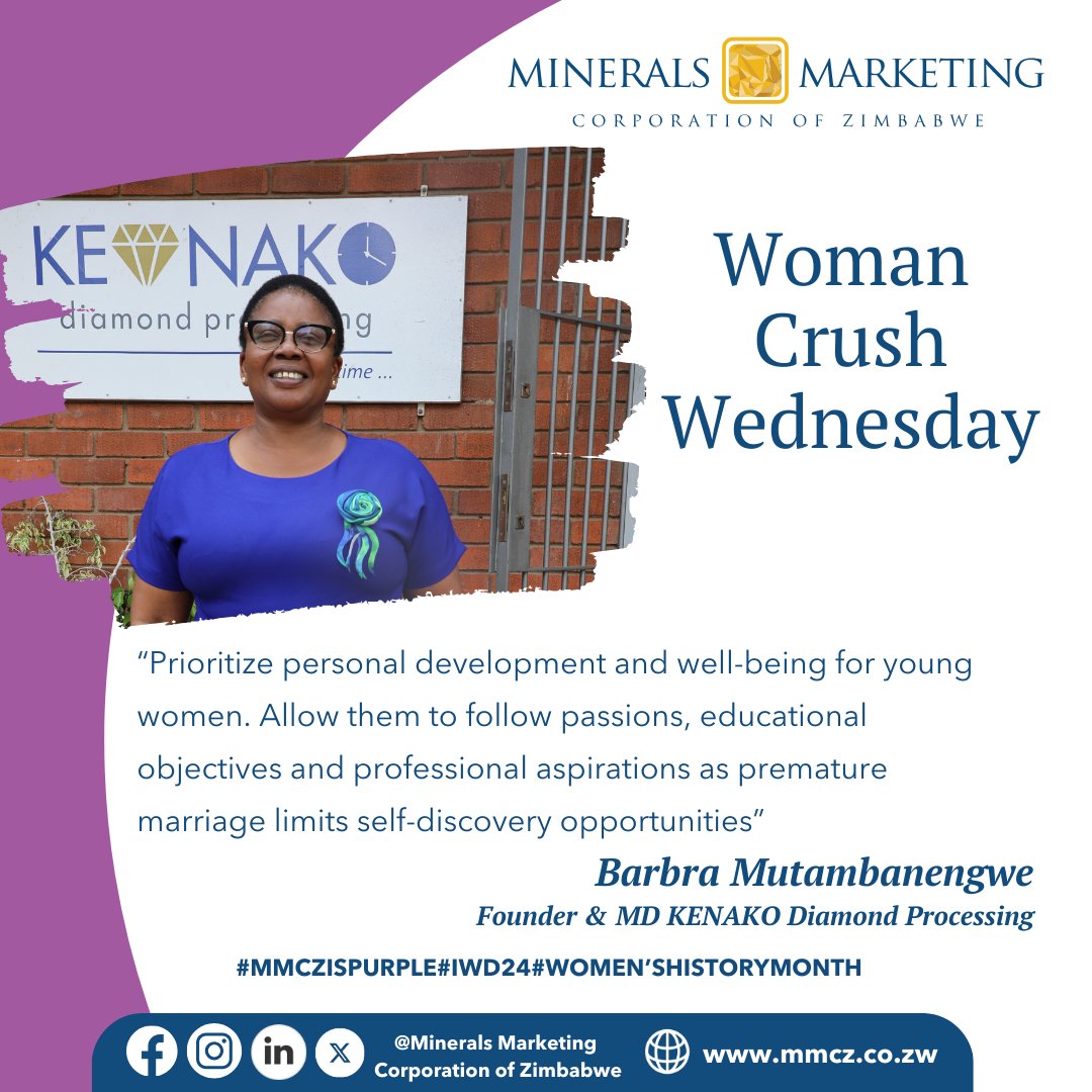 MineralsMarket1's tweet photo. Over the next fortnight, #MMCZ will be running a series of inspirational stories on #WomenInMiningZimbabwe.  Today, we feature Kenako Diamond Processing Founder and Managing Director, Ms Barbra Mutambanengwe as our #WCW.
#IWD24 
#Inspireinclusion https://t.co/MPUC8oJjIL