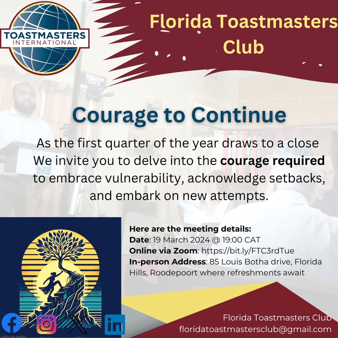 FloridaTMC's tweet image. This special meeting will explore the incredible power of vulnerability — not as a weakness but as a profound strength.

Through speeches, evaluations, and Table Topics, we'll delve into the courage it takes to try again after setbacks.

#floridatoastmastersclub #couragetobegin