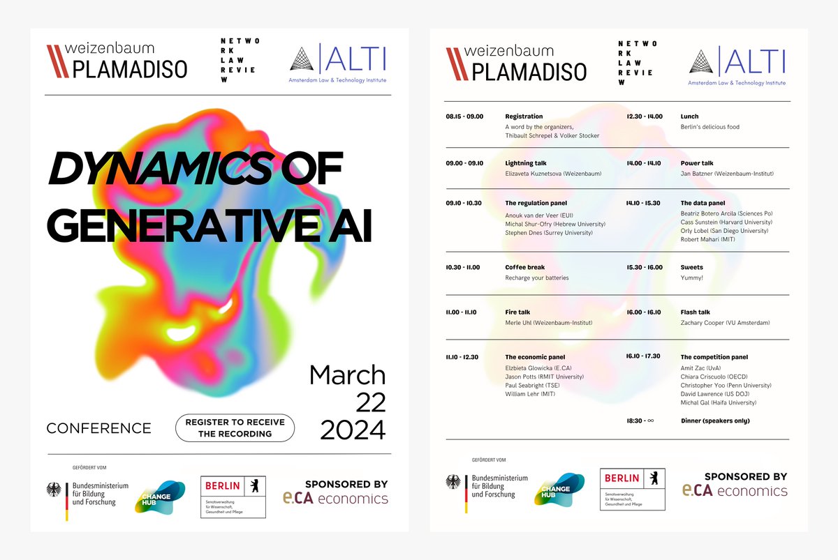 The @alti_VU is co-organizing a conference on the “Dynamics of Generative AI” together with the @JWI_Berlin (Berlin, Germany). The event follows the publication of dedicated articles – that @volker_stocker and I edited – in the @NetworkLawRev. Registration to receive a recording…