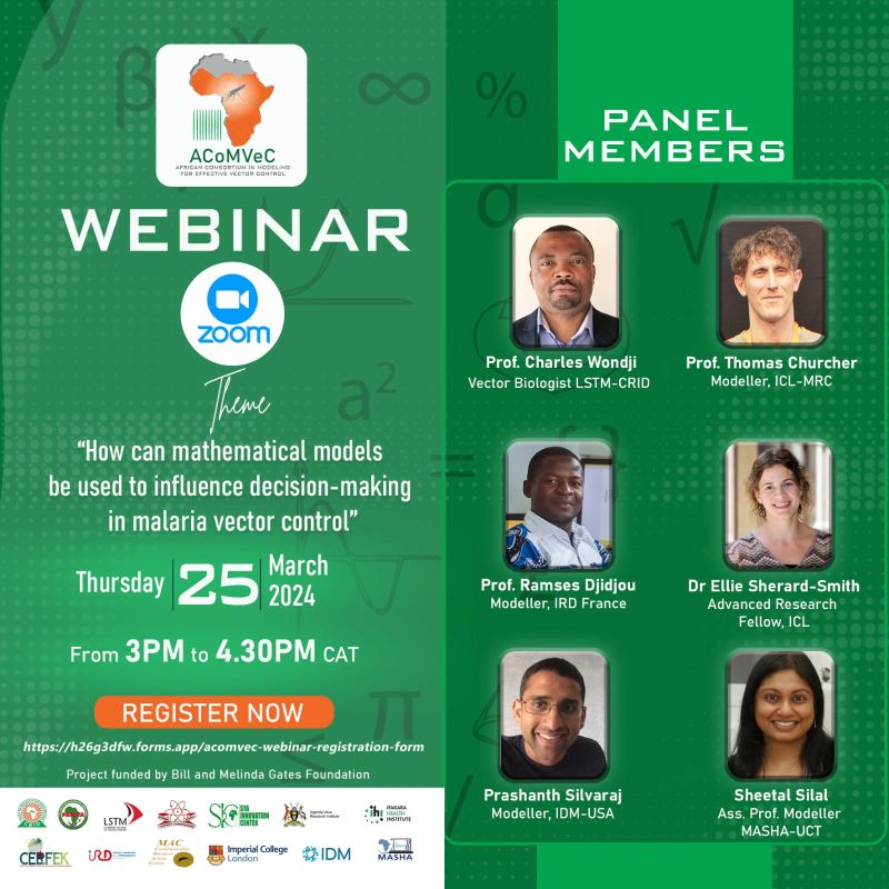 How can mathematical models be used to influence decision-making in malaria vector control?

Find out in the upcoming modelling webinar by the African Consortium in Modelling for Effective Vector Control (#ACoMVeC). 👩🏿‍💻

📅 25 March, 3-4:30 pm CAT

ow.ly/CGUM50QRpS1