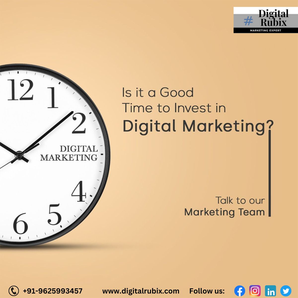 'Unlocking the Potential: Is Now the Right Time to Dive into Digital Marketing? 🚀
For more information, please call +91 9625993457 or visit digitalrubix.com
#DigitalRubix #SocialMedia #BusinessGrowth #GoogleAdsMastery #DigitalMarketingMagic #BusinessEngagement