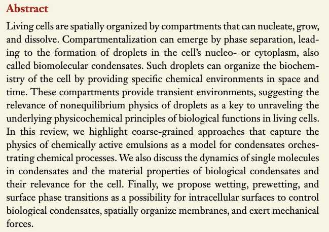 Good overview: Droplet Physics and Intracellular Phase Separation by Frank Jülicher and Christoph A. Weber @AnnualReviews. annualreviews.org/doi/abs/10.114… #Physics