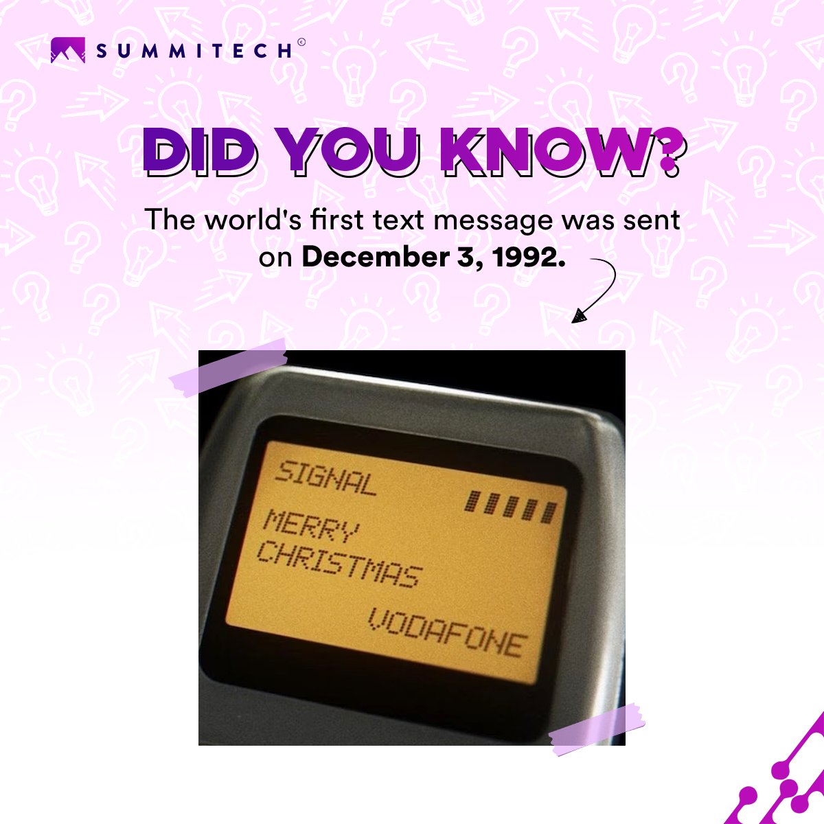 SummitechIO's tweet image. The world&apos;s first text message was sent on December 3, 1992 by Neil Papworth, a software engineer. He sent the message &quot;Merry Christmas&quot; from a computer to a mobile phone.

#didyouknow #textmessage #sms #techfact #summitech
