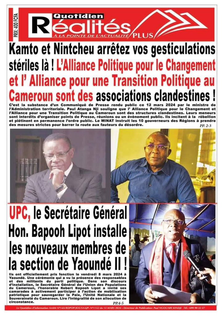 ericbile1's tweet photo. #Cameroun suite (3) des unes des journaux du 13 Mars 2024. https://t.co/Z0VfzM90Dr