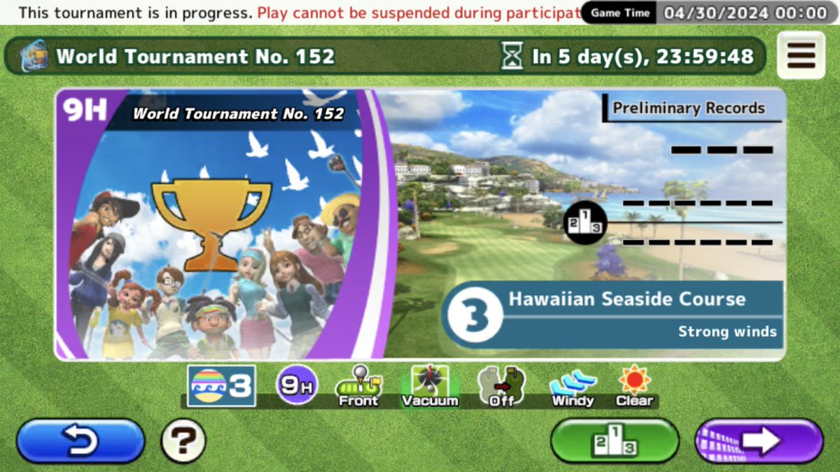 [@AppleArcade] 
World Tournament No. 152, Apr. 30-May 5 at Hawaiian Seaside Course (Front tee). Good chance to get a lot of chip-ins with the Vacuum cup.

[Easy Come Easy Golf] available on @AppleArcade!
apple.co/-ClapHanzGolf

#ECEG #EasyComeEasyGolf