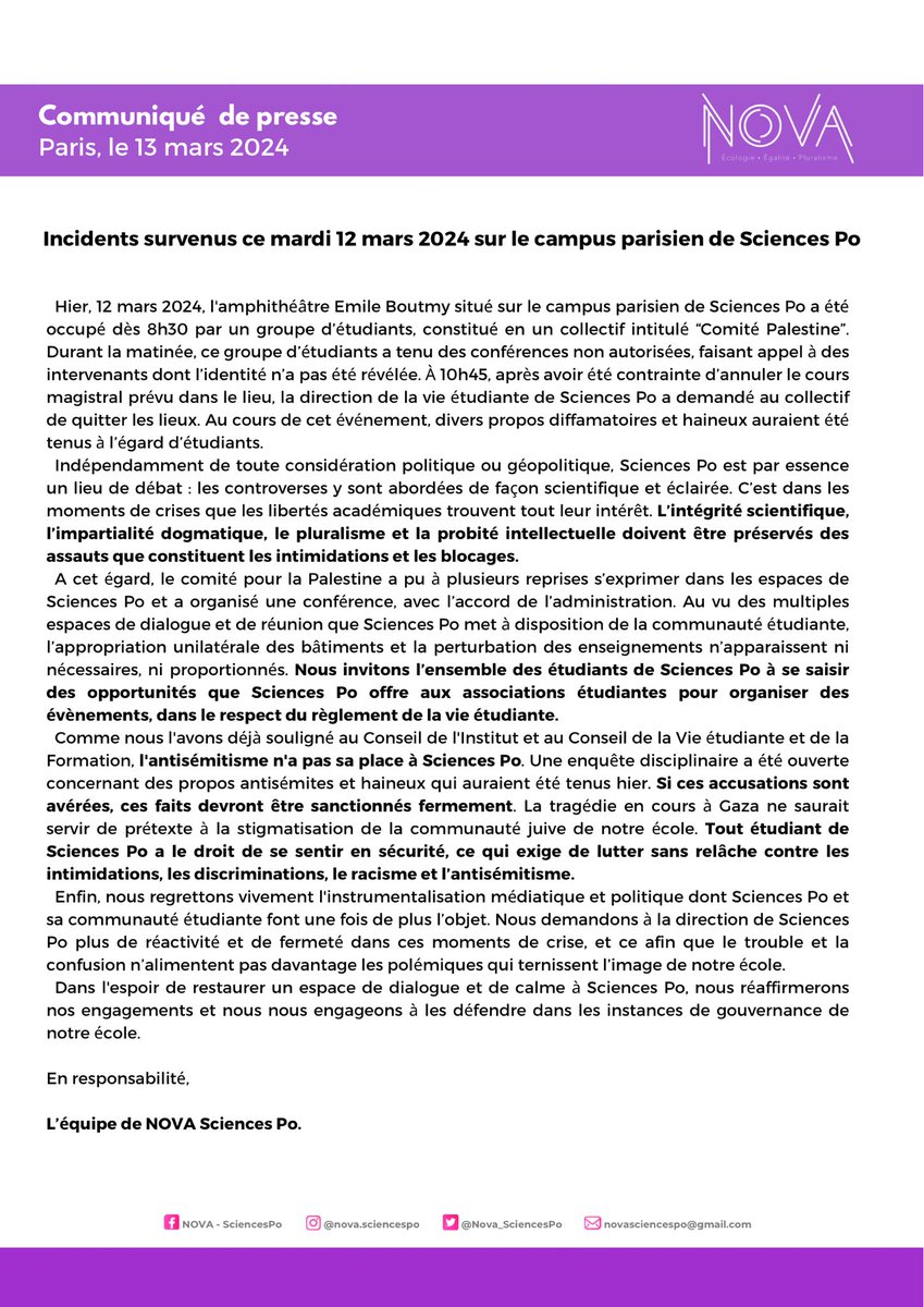 Retrouvez notre communiqué sur les événements du 12 mars à Sciences Po 👇