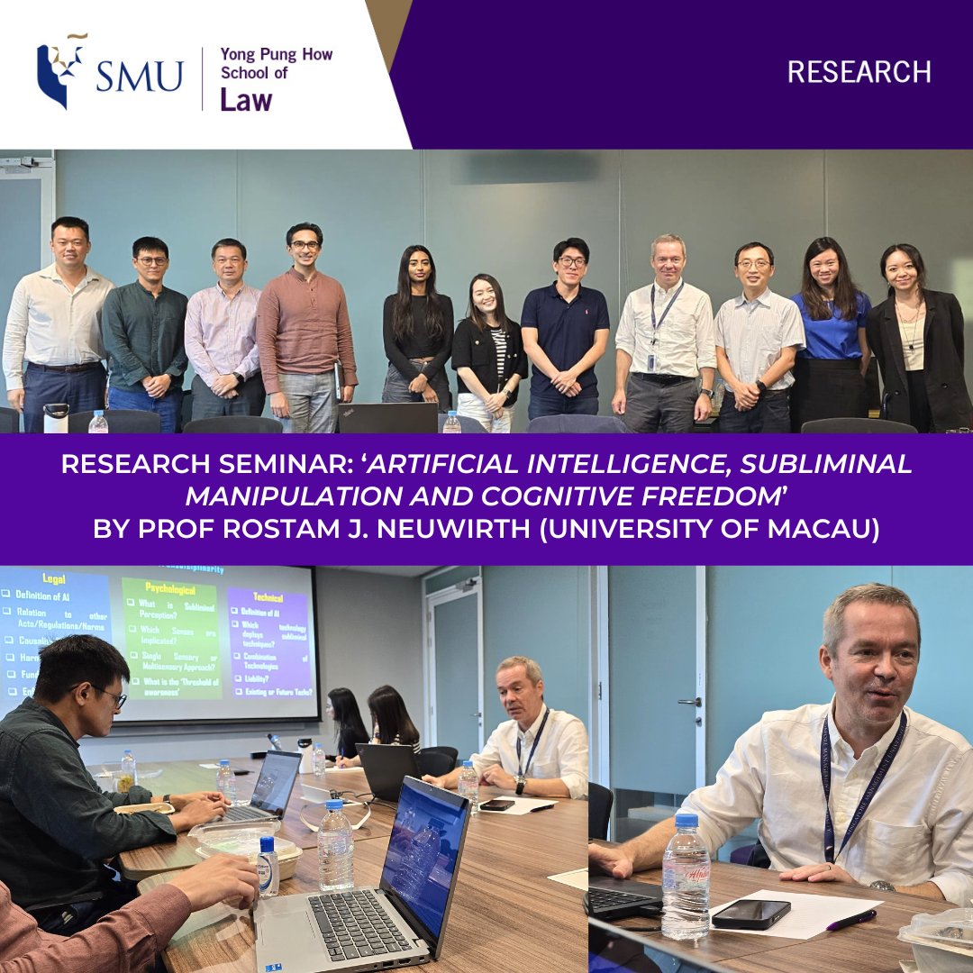 #SMUYPHSL hosted the Artificial Intelligence, Subliminal Manipulation and Cognitive Freedom: New Challenges to Law and Legal Thinking Seminar on March 6. Prof Rostam J. Neuwirth shared his expertise in a seminar chaired by SMUYPHSL’s Prof Wang Heng: smu.sg/jajx.